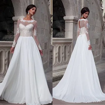 Elegantiškas Šifono A-line Wedding Suknelė Su Nėrinių Appliques Vestuvinės Suknelės su Rankovėmis Iliuzija Aplikacijos Vestuvinės Suknelės Casamento