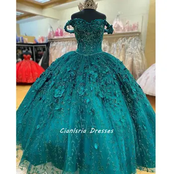 Hunter Green Crystal Gėlių Nėrinių Kamuolys Suknelė Quinceanera Suknelę Nuo Pečių, Rankų Darbo Gėlės Saldus 16 Vestidos De Fiesta