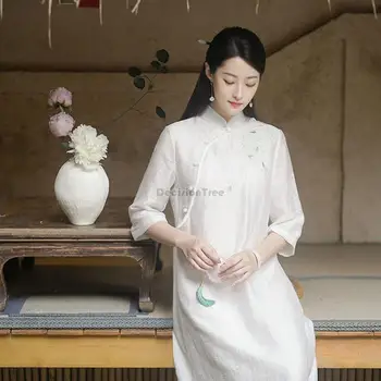 Iki 2023 m. rudenį naujų, patobulintų kinijos cheongsam nuolatinis apykaklė balta zen arbata suknelė pusė rankovės, rankovės elegantiškas aodai ilga suknelė g899