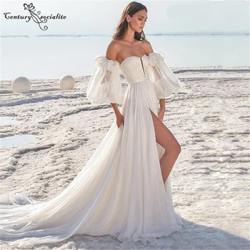 Paplūdimys Vestuvių Suknelės Moterims 2021 Brangioji, Nuimamos Rankoves Šifono Boho Vestuvinės Suknelės su Plyšio Vestido De Noiva