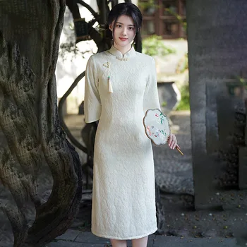 Tradicinės Kinų Moterų Trimitas Rankovėmis Siuvinėjimo Šifono Qipao Mandarinų Apykaklės Rankų Darbo Mygtukai Cheongsam Suknelė