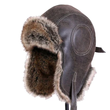 Žiemos Skrybėlę Vyrų, Moterų Pilotas Aviator Bombonešis Trapper Hat Dirbtiniais Kailiais Odos Sniego Kepurė Su Ausų Atvartais, Vėjo Šiltas Lei Feng Skrybėlę