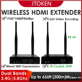 1080P WiFi Belaidis HDMI Extender 1x Siųstuvo 4x Imtuvas 60fps HDMI Linijos Iki 200M(656ft) 5.8 GHz IR Kontrolės H. 265 Kodavimas