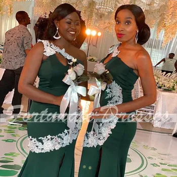Afrikos Elegantiška Žalia Nėrinių Undinė Ilgai Bridesmaid Dresses Su Balta Priekiniai Ritininės Korsetas Atgal Plius Dydžio Juodos Moterys Kambarinės Chalatai