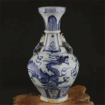 Antikvariniai YuanDynasty porceliano vaza,Blue&white dragon butelis,Rankų tapybos amatų,Apdailos surinkimo ir puošmena,Nemokamas pristatymas