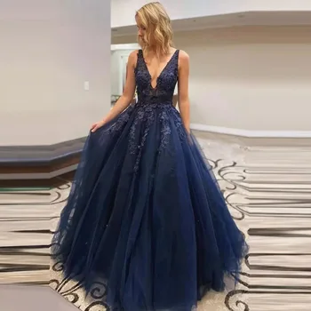 Be rankovių, Tamsiai Mėlynos Ilgai Prom Dresses 2021 Linijos Sexy Nėrinių Liemenė vakarinę Suknelę Šalis Suknelė платья