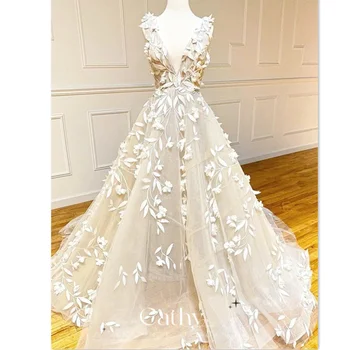 Cathy Princesė Nėrinių Šalis Suknelė Švelniai V-kaklo Keltas Suknelės Rankovių Prom Suknelę Rankų darbo 3D Siuvinėjimas-line vakarinę Suknelę