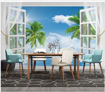 Custom foto tapetai, sienų ir 3 d freskomis Jūros kraštovaizdžio 3D langų dekoracijos, mėlynas dangus, balti debesys medžių fone sienų tapyba