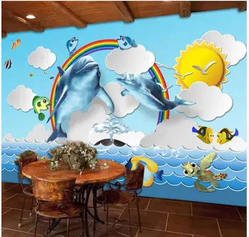 Custom foto tapetai, sienų ir 3 d freskomis Šiuolaikinės Gražių animacinių filmų viduržemio jūros delfinų vaikų kambario sienos freskos fone