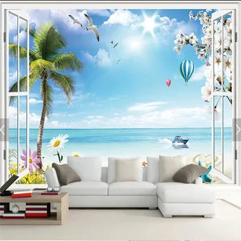 Custom sienų tapetai, 3d prancūzijos langą romantiškas paplūdimys karšto oro balionu, foto tapetai Gyvenimo Kambario Sienos dokumentų Namų Dekoro