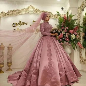 Dulkių Rožinė Islamo Musulmonų Vestuvių Suknelės Ilgomis Rankovėmis, Aukštu Kaklu Dubajus Kaftan Arabų Nuotakos Suknelė Vestidos De Noiva Mariage