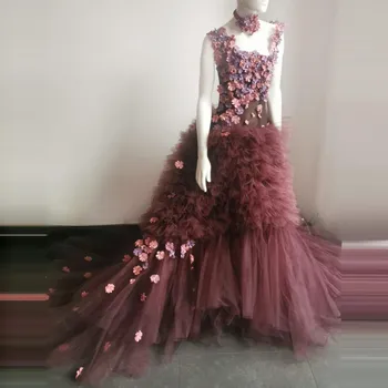 Fantastinis Individualų Suknelė Su 3D Gėlės fotosesiją Žr.-Per Backless Promenadzie Suknelė Appliques vakarinę Suknelę Su Traukiniu