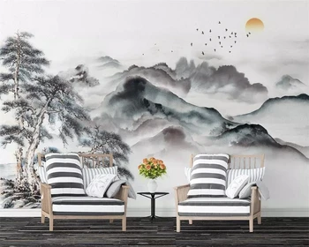 Individualizuotos fono paveikslėlį Kinijos rašalo kraštovaizdžio pušies krano fono sienos popieriaus kambarį, miegamąjį, TV foną, 3d tapetai
