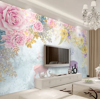 Individualizuotos fono sienos, rankomis dažyti gėlių briedžių miegamojo kambarį fono sienos freskos tapetai, freskos 3d tapetai sienos