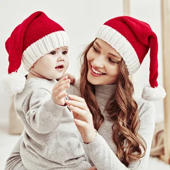 Kalėdų Mezgimo Raudonos Kepurės Motina Kūdikį Atitikimo Kepuraitė Pompom Kepurės Rudenį, Žiemą Šilta Vaikai Aldult Kepuraitės, Kepuraitės Priedai