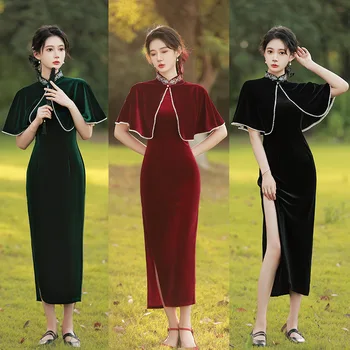 Kinijos Šiuolaikinės Tradicinės Ilga Suknelė Aksominė Juoda Su Kutais Pearl Skara Cheongsam Kostiumas Elegantiškas Raudonas Moterų Qipao Šalies Midi Suknelė