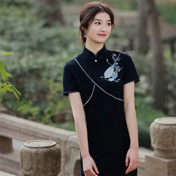 Kinų Suknelė Qipao 2022 Moterys Juoda Slim Ilgai Cheongsam Tradicinių Harajuku Hanfu Skraiste Orientale Derliaus Vestido Chino Mujer