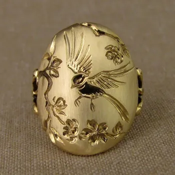 Klasikinių Senovinių Žavesio Moterų Aukso Spalvos Paukštis Gėlių Filialas Graviravimas Žiedas Moterų Kūrybos Šokių Grupė Jubiliejų Dovana, Papuošalai