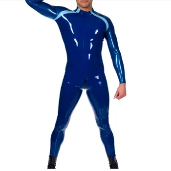 Latekso Catsuit Mėlyna su Ežero Mėlyna Bodysuit su Nugaros Tarpkojo Zip Unikalus Clubwear Seksualus Individualų 0.4 mm