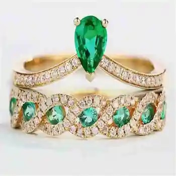 Mados Dviejų dalių Green Crystal Crown Žiedas, Vestuvių, Sužadėtuvių Žiedai Rinkinys Moterims Klasikiniai Papuošalai, Aksesuarai