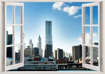 Niujorko sienos lipdukas 3D langą, New york siena lipdukas NY, JAV, namų dekoro, vinilo spalvinga miesto pastatų sienos meno deco kambarys