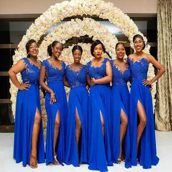 Pagal Užsakymą Pagaminti Bžūp Rankovėmis Nauja Didelė Nuolaida Royal Blue Ilgai Pusės Split Šifono Bridesmaid Dresses Oficialią Suknelės, Šaliai