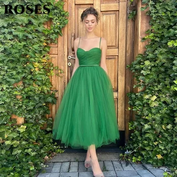 Paprasta Žalia Tiulio Prom Dresses Spagečiai Dirželiai Arbata-Ilgis-Line Šalies Trumpas Brangioji Vakare Gown Vestidos De Fiesta