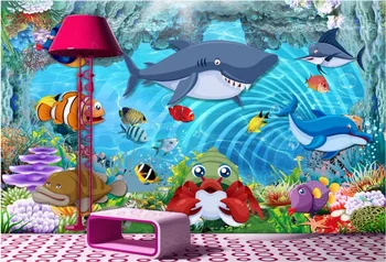 Pasirinktinius nuotraukų 3d tapetai, freskos Animacinių filmų ryklys vaikų kambario dekoravimas, tapyba 3d sienų freskomis tapetai, sienų ir 3 d