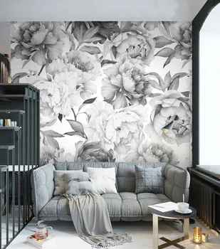 Pilka, juoda ir balta gėlių užsakymą 3D tapetų freska ant sienos didmeninė biuro kambarį susitikimų kambarys