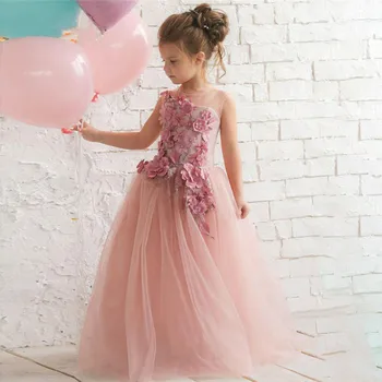 Pink Gėlių Inscenizacija, Vaikams, Suknelės Iliuzija Vien Kaklo Grindų Ilgis Bako, Oficialūs Vaikų Gėlių Mergaitės Suknelė Gimtadienio Suknelė