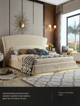 Prabangus audinys minkšta lova italijos miegamojo užsakymą Honkongo stiliaus modelis kambarys post-modernus 1.8 metrų oda dvigubos vestuvės lova