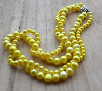 Puikus Moterų Perlų Vėrinį,2Rows Geltonos Spalvos 100% Realių Gėlavandenių Perlų Vėrinį,6-8mm 18 cm Perlų Papuošalai.