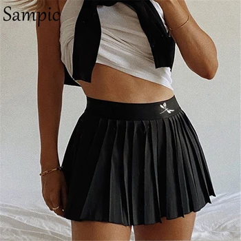 Sampic vasaros mados atsitiktinis spausdinti mini moteris, sijonai aukšto juosmens juoda balta seksualus, trumpas klostuotas sijonas 2020 m.