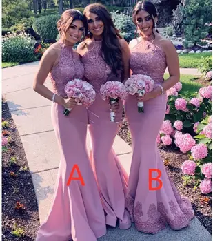 Seksualus Backless Rožinė Appliques Bridesmaid Suknelę Naujas 2021 Apynasrio Rankovių Elegantiškas Ilgas Undinė Satino Moterų Vestuvių Suknelė Svečias