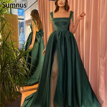 Sumnus Derliaus Tamsiai Žalia Prom Dresses 2022 Ilgai-Line Aukštos Pusėje Ritininės Granulių Backless Su Laivapriekio Vakarinę Suknelę Chalatas De Femme Soirée