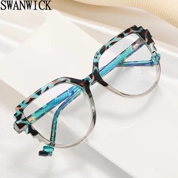 Swanwick moterų mėlynos šviesos blokavimas akinius tr90 skaidraus lęšio acetatas cat eye akiniai, rėmeliai optinis pavasario vyrių juodas leopardas