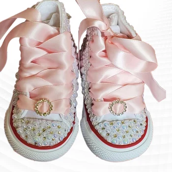 Vaikų batai, rankų darbo custom pearl kalnų krištolas susiuvimo juostelės svajonių fėja drobė batai atsitiktinis laukinių vaikų batai 23-40