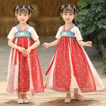 Vasaros Mergaičių Kinų Stiliaus Tradicinis Tango Suknelė, Kostiumas Vaikams Veiklos Princesė Lotus Trumpas Rankovės Šiuolaikinės Hanfu Mergina Mielas