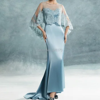 YNQNFS MD114 Elegantiška Šviesiai Mėlyna Satino Undinė Motina Oblubienicy/Jaunikis Suknelės Komplektai su Nėrinių Wrap/Striukė/Paltas 2019